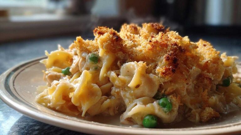 Cheesy Tuna Noodle Casserole with a Crumb Topping