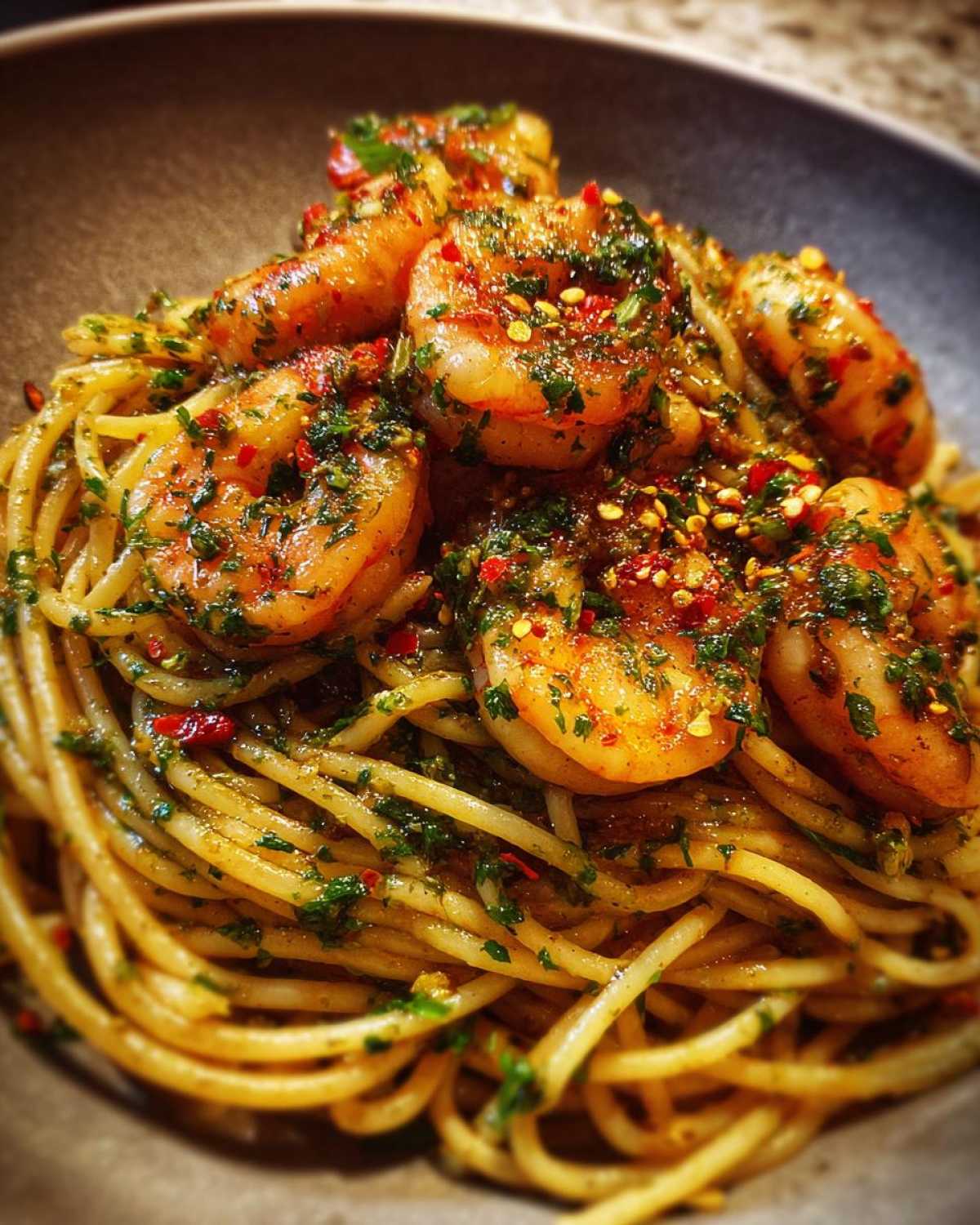 Spaghetti Aglio e Olio with Shrimp - detail 1