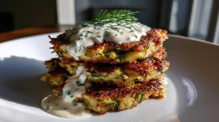 Zucchini Fritter Stack with Yogurt Sauce