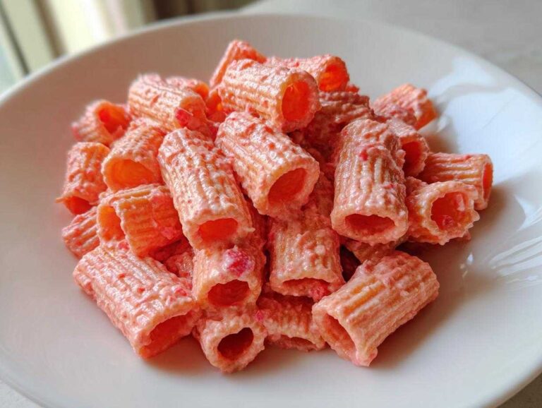 Amazing 20-Minute pink sauce pasta Close-up of rigatoni pasta tubes coated in a creamy, light pink sauce, served on a white plate.