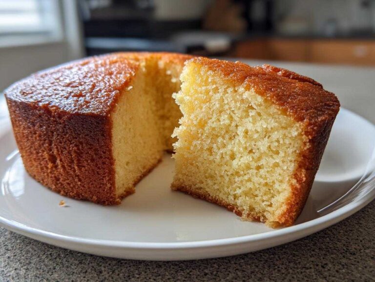 Close-up of a moist, golden-brown condensed milk cake with one slice cut out, showing the fine crumb texture.