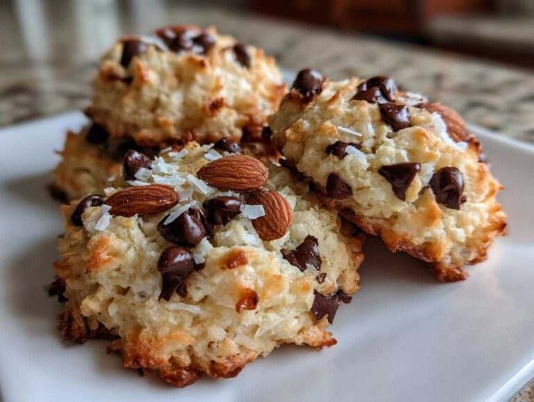 Close-up of freshly baked almond joy cookies topped with chocolate chips, shredded coconut, and whole almonds.