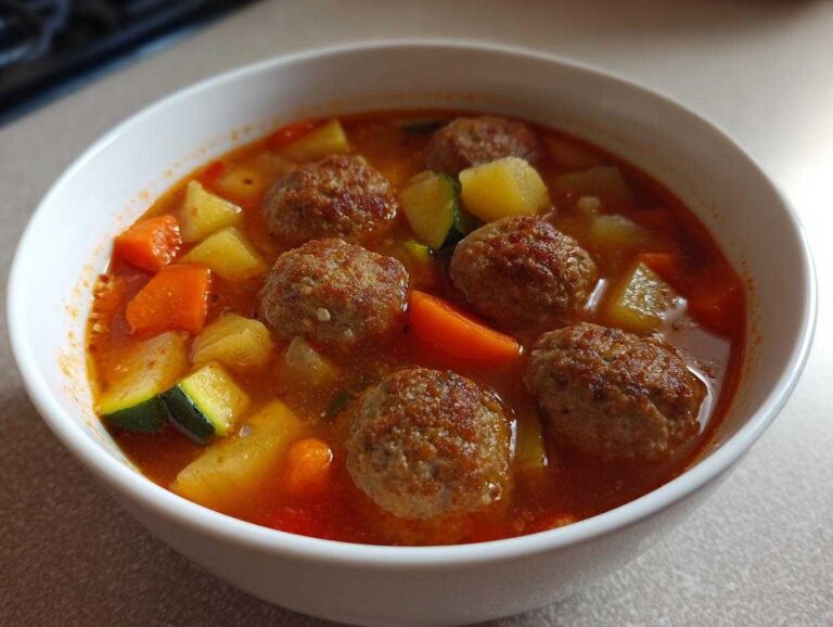 Close-up of a white bowl filled with amazing albondigas soup featuring meatballs and mixed vegetables like carrots and zucchini.