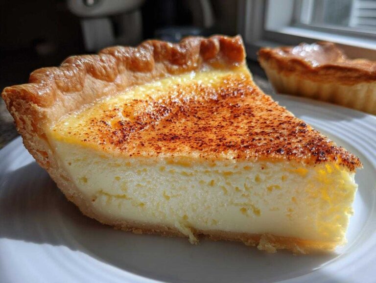 Close-up of a slice of amazing custard pie showing its silky texture and sprinkled cinnamon topping.