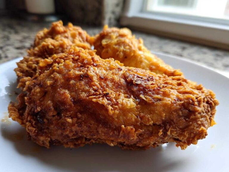Amazing 1-step fried chicken joy Close-up of perfectly crispy, golden brown fried chicken pieces served on a white plate.