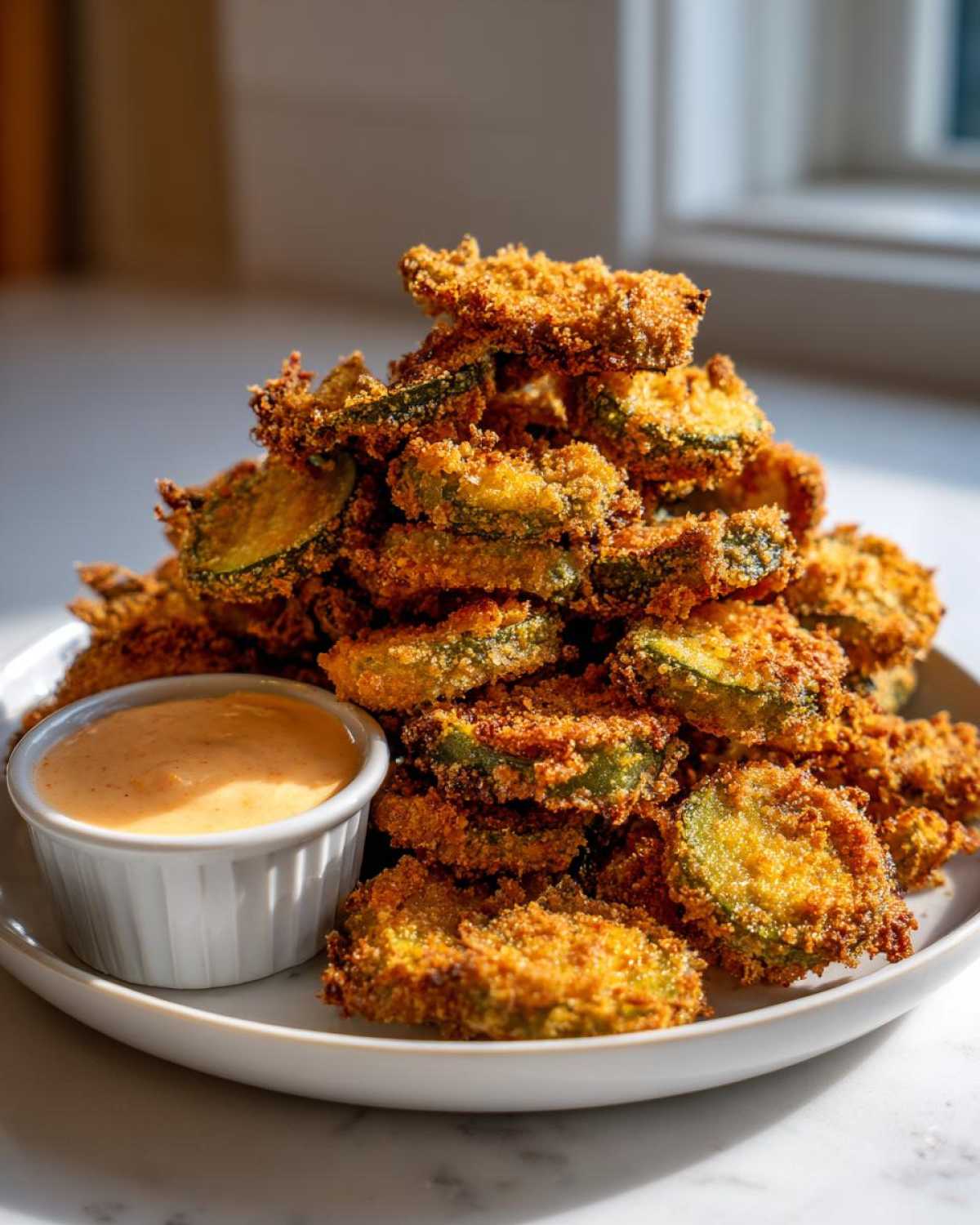 A tall stack of golden brown, crispy fried pickles served on a white plate next to a small ramekin of dipping sauce.