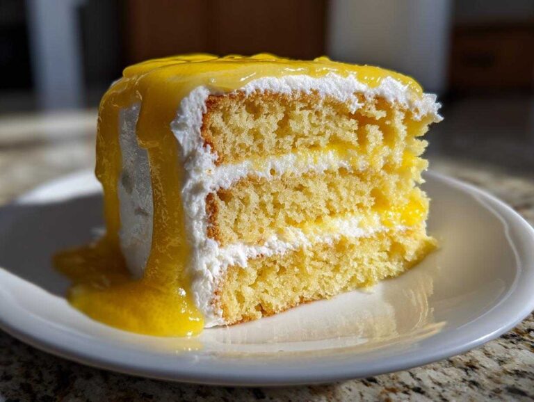 Close-up of a moist slice from an amazing lemon cake recipe, layered with white frosting and drizzled with bright yellow lemon glaze.