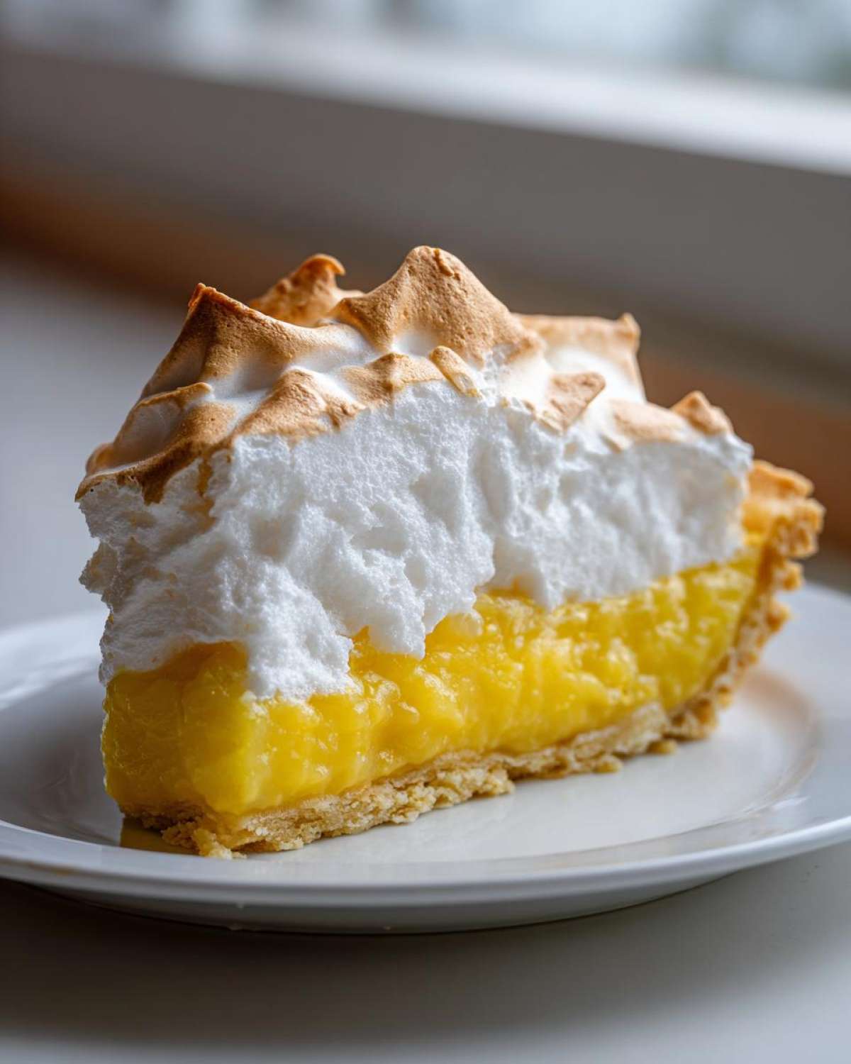 A close-up slice of lemon meringue pie showing thick, bright yellow curd and towering, torched meringue.