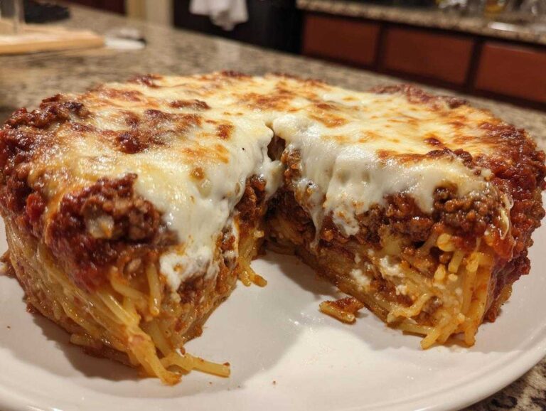 A thick slice cut from a round spaghetti pie, showing layers of spaghetti, meat sauce, and melted cheese topping.