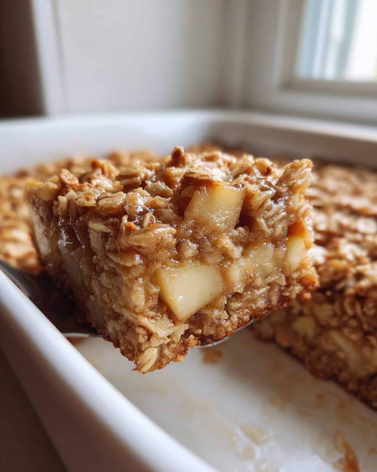 A close-up of a moist slice being lifted from an apple cinnamon oatmeal bake in a white dish.