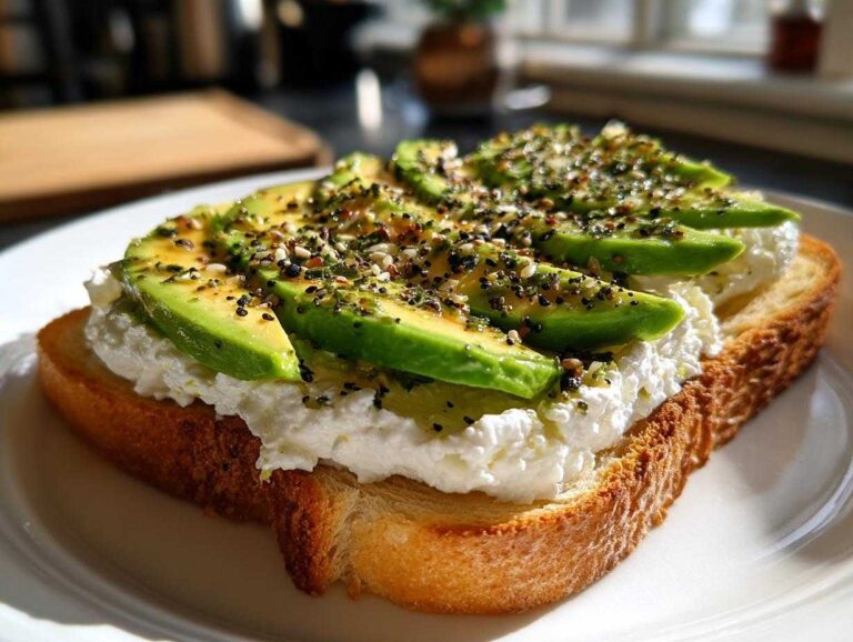Close-up of delicious cottage cheese toast topped with sliced avocado and everything bagel seasoning.