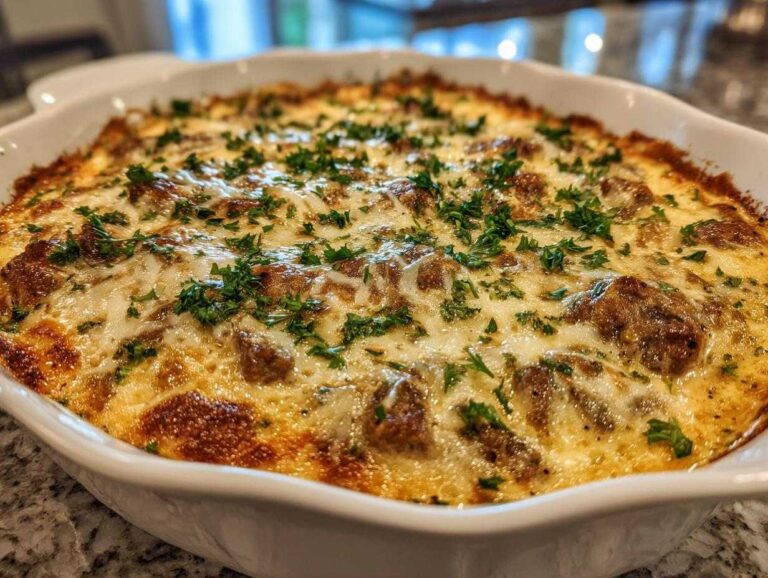 Close-up of a hot, baked stuffed mushroom dip topped with melted cheese and fresh parsley in a white dish.