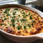 Close-up of a hot, bubbly stuffed mushroom dip in a white baking dish, topped with melted cheese and fresh parsley.