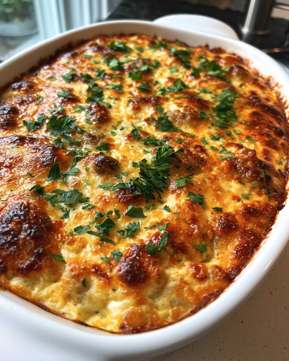 Close-up of a baked stuffed mushroom dip in a white casserole dish, featuring a bubbly, golden-brown cheese crust topped with fresh parsley.
