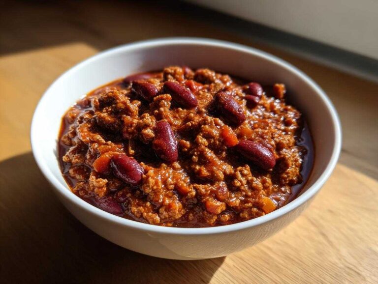A close-up of a white bowl filled with rich, thick high protein chili, featuring ground meat and visible red kidney beans.