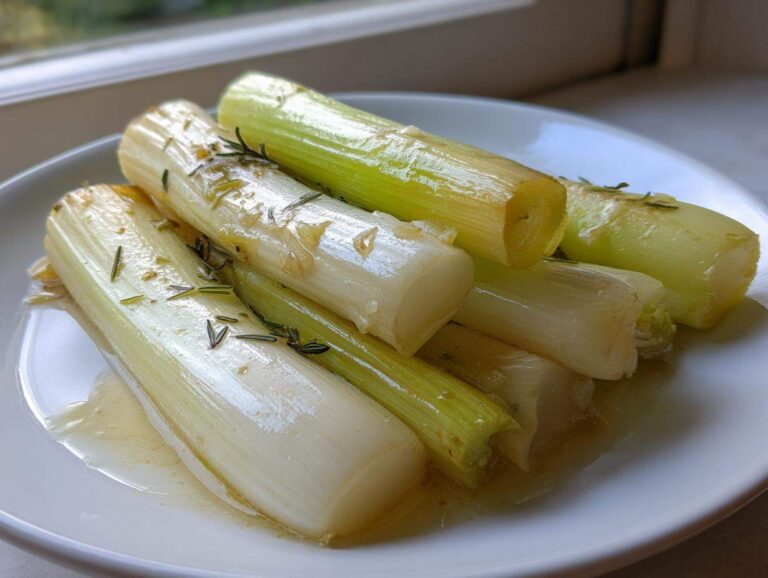 Close-up of tender braised leeks seasoned with rosemary, sitting in a light sauce on a white plate.
