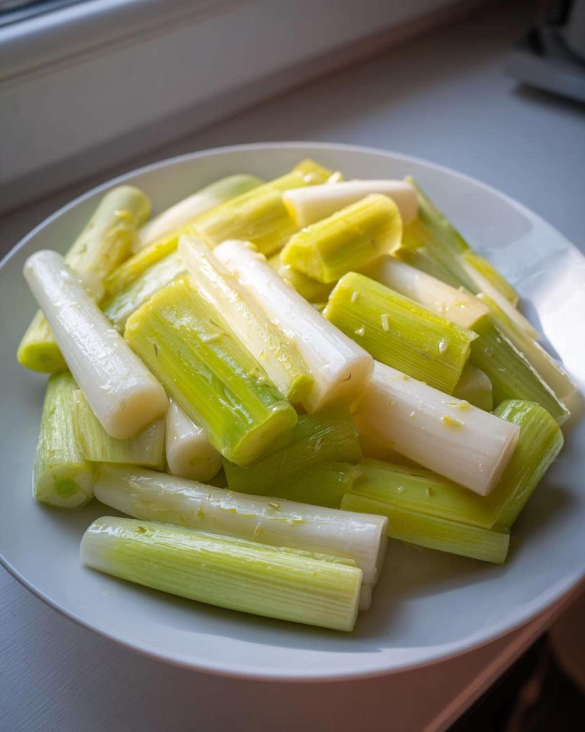 A white plate filled with short, cooked segments of braised leeks, showing white and light green colors.