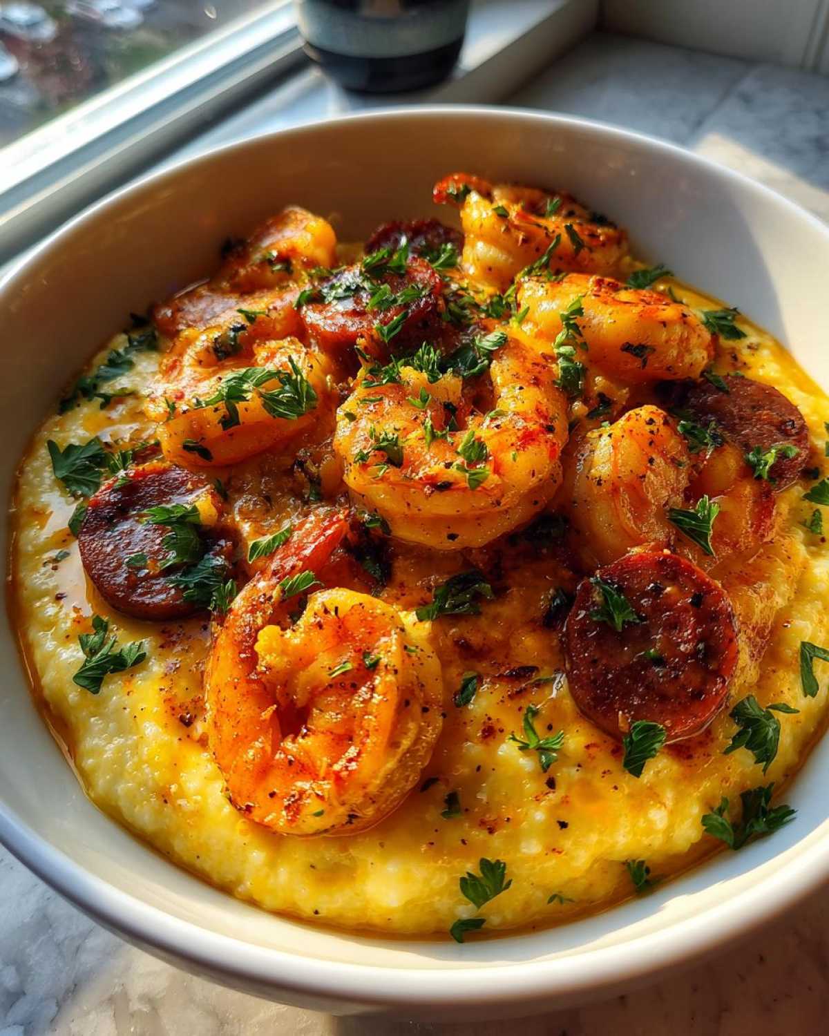 Close-up of Cajun shrimp and grits topped with sliced sausage and fresh parsley, beautifully lit by a window.