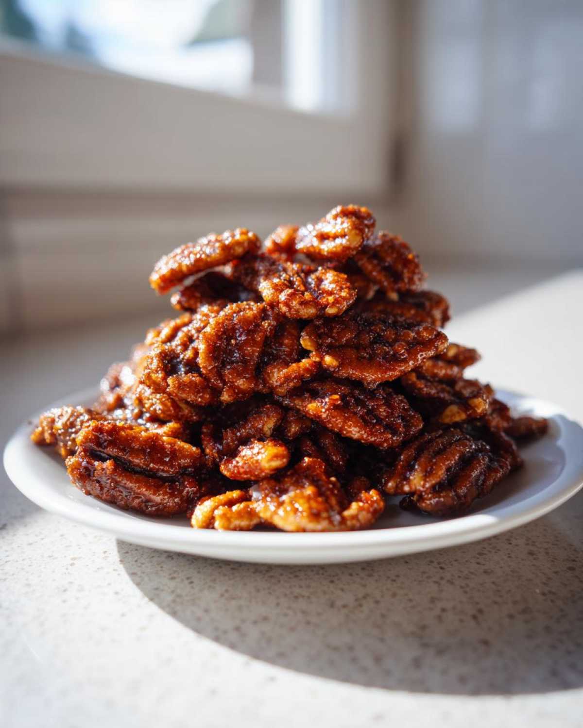 A mound of glossy, homemade candied pecans recipe piled high on a small white plate near a bright window.