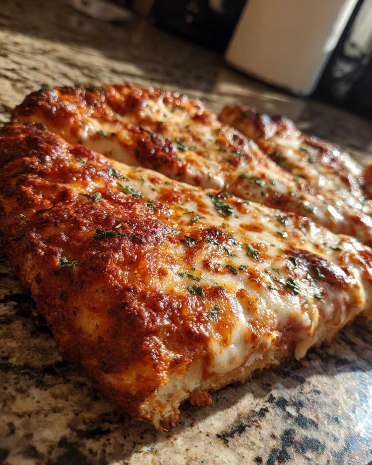 A close-up shot of thick slices of cheesy keto pizza crust topped with melted mozzarella and herbs.