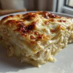 A generous slice of rich chicken alfredo lasagna featuring layers of pasta, creamy sauce, and a beautifully browned, cheesy top.