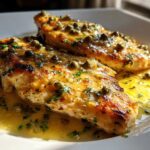 Two golden-brown fillets of chicken piccata swimming in a bright lemon-butter sauce topped generously with capers and parsley.