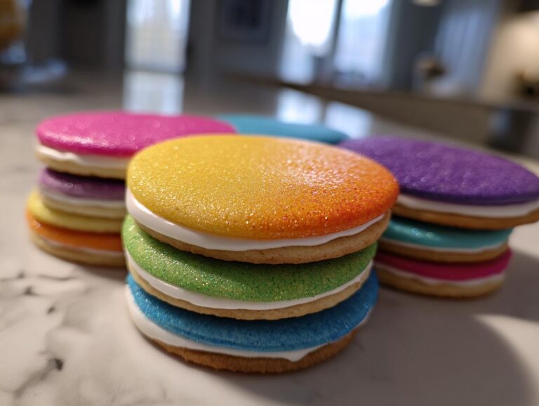 Stacks of colorful sandwich cookies topped with sparkling sugar cookie icing that hardens, featuring rainbow colors.