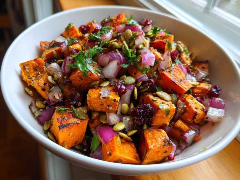 Close-up of a vibrant sweet potato salad featuring roasted orange cubes, red onion, pumpkin seeds, and dried cranberries.