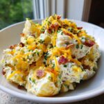Close-up of creamy baked potato salad topped with shredded cheddar cheese, bacon bits, and chives.