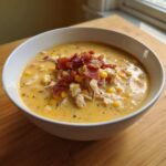A bowl of creamy chicken corn chowder, loaded with corn and shredded chicken, topped generously with crispy bacon bits.
