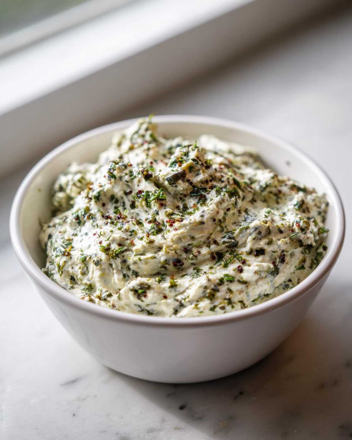 A close-up of a thick, creamy olive dip mixed with green herbs and visible whole mustard seeds in a white bowl.