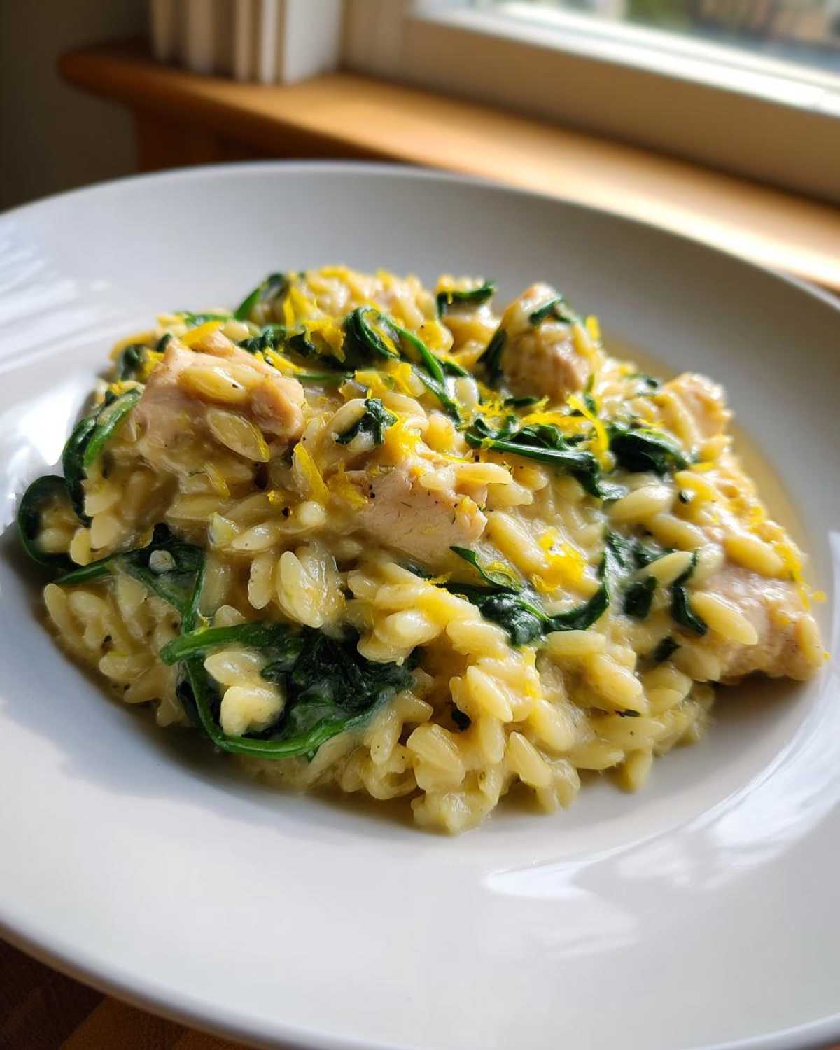 A serving of creamy lemon chicken orzo mixed with wilted spinach and topped with bright lemon zest.