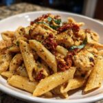 A close-up of a bowl of creamy marry me chicken pasta featuring penne, seasoned chicken chunks, and sun-dried tomatoes.