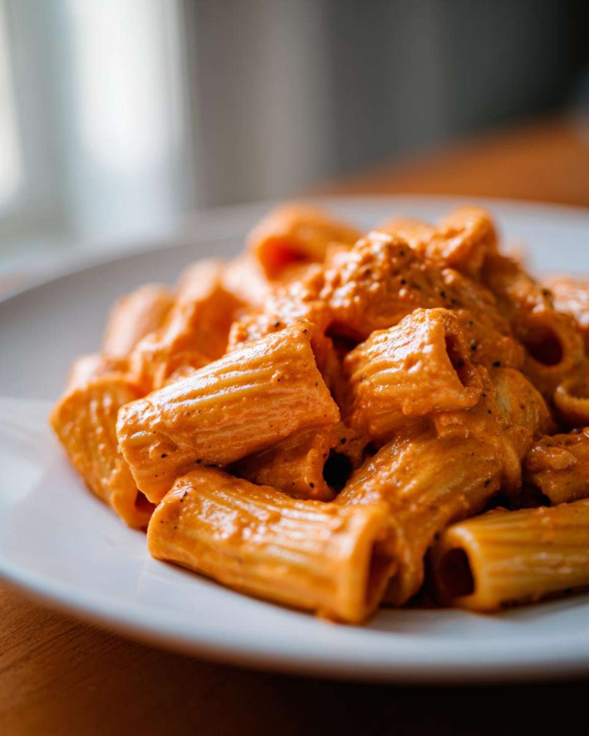 A close-up shot of rigatoni pasta coated in a rich, creamy pink sauce pasta, served on a white plate.