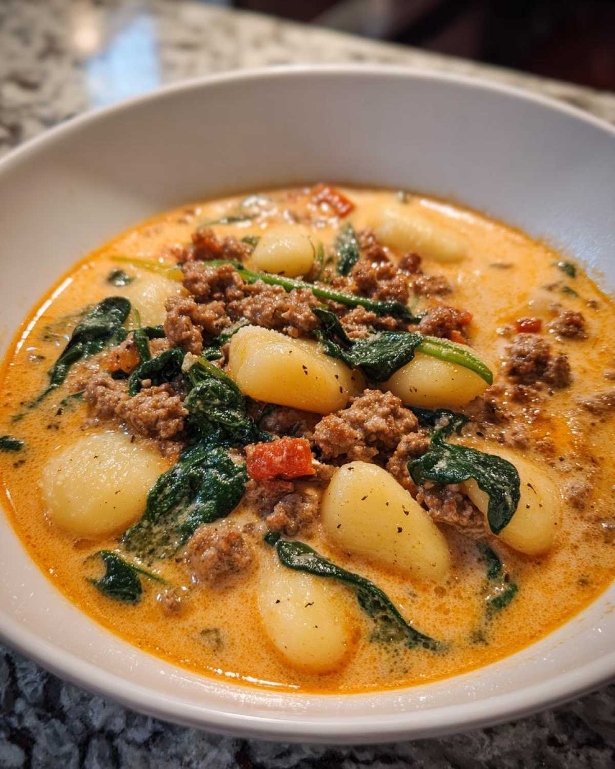 A close-up of a white bowl filled with creamy sausage gnocchi soup, featuring soft gnocchi, ground sausage, and wilted spinach.