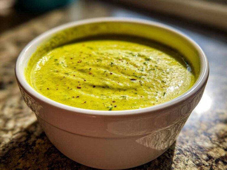 Close-up of a bowl of vibrant, creamy zucchini soup, garnished with pepper flakes.