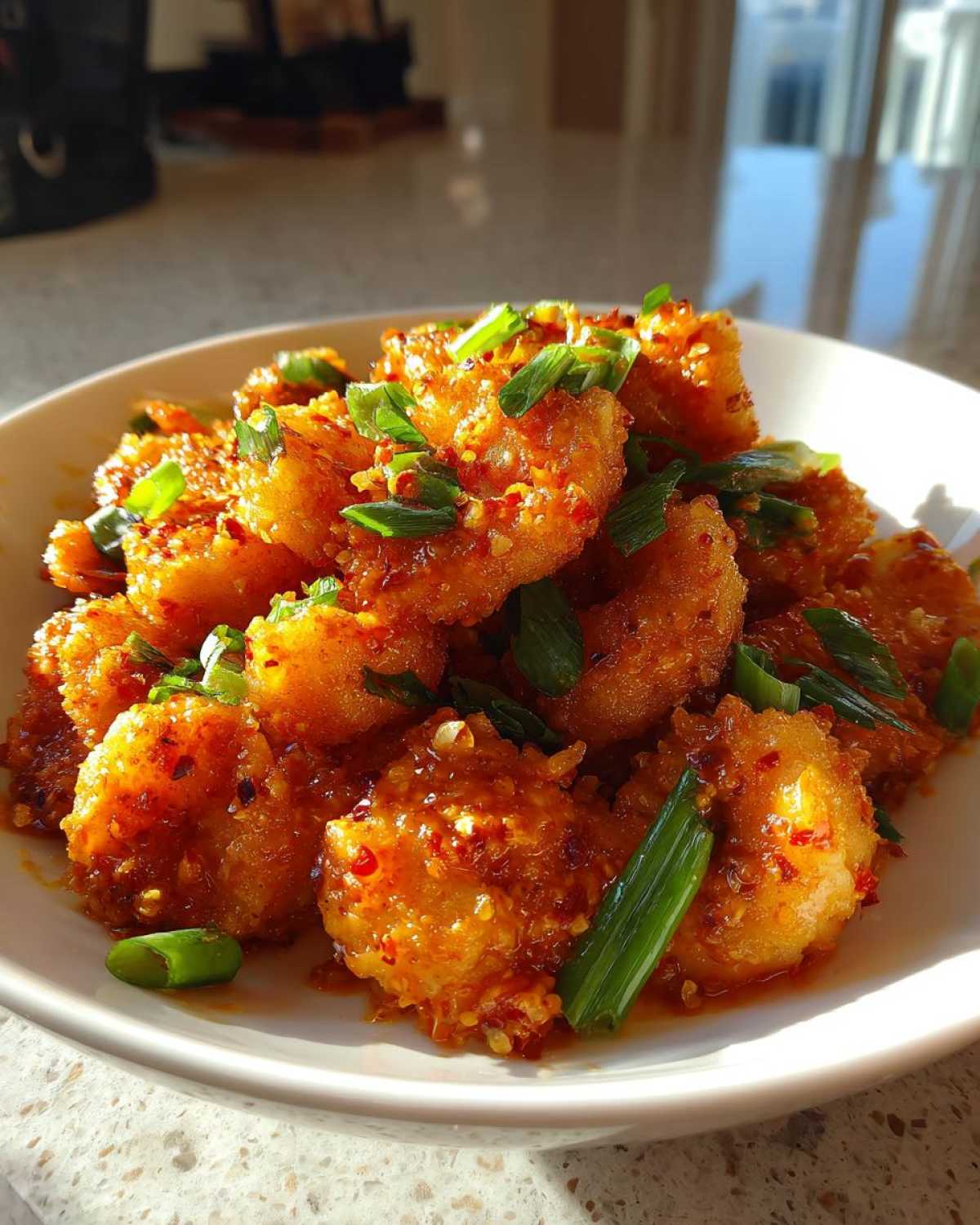 A white bowl filled with crispy, saucy Bang Bang Shrimp, garnished generously with chopped green onions.