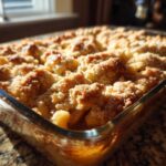 Close-up of a freshly baked apple cobbler recipe in a glass dish with a golden, crumbly topping.