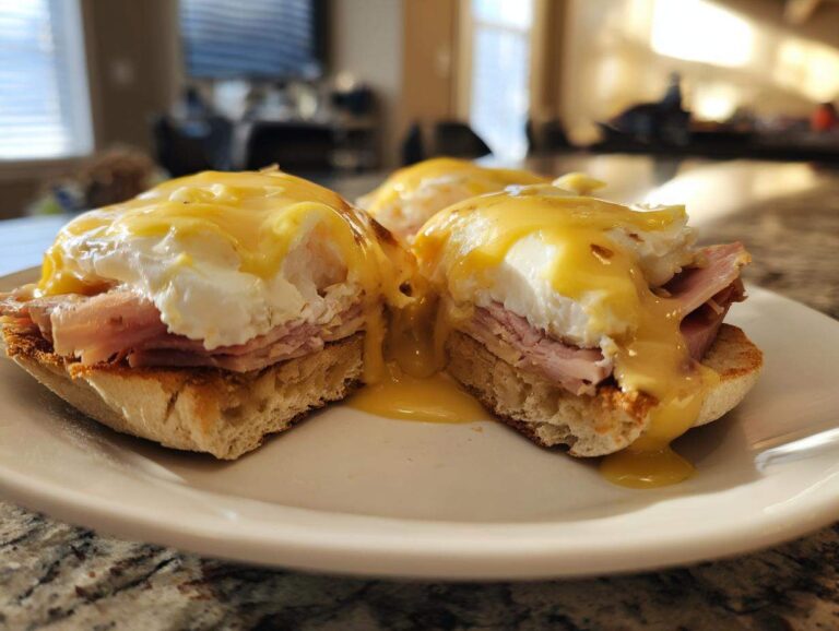 Close-up of two halves of eggs benedict showing poached egg, ham, and rich hollandaise sauce dripping onto a white plate.