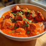 Close-up of vibrant orange butter chicken pieces swimming in a rich sauce, garnished with fresh cilantro.