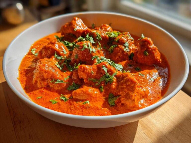 Amazing 30 Minute butter chicken beats takeout Close-up of vibrant orange butter chicken pieces swimming in a rich sauce, garnished with fresh cilantro.