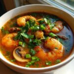 Close-up of a steaming bowl of bright red tom yum soup featuring large shrimp and sliced mushrooms, garnished with fresh cilantro.