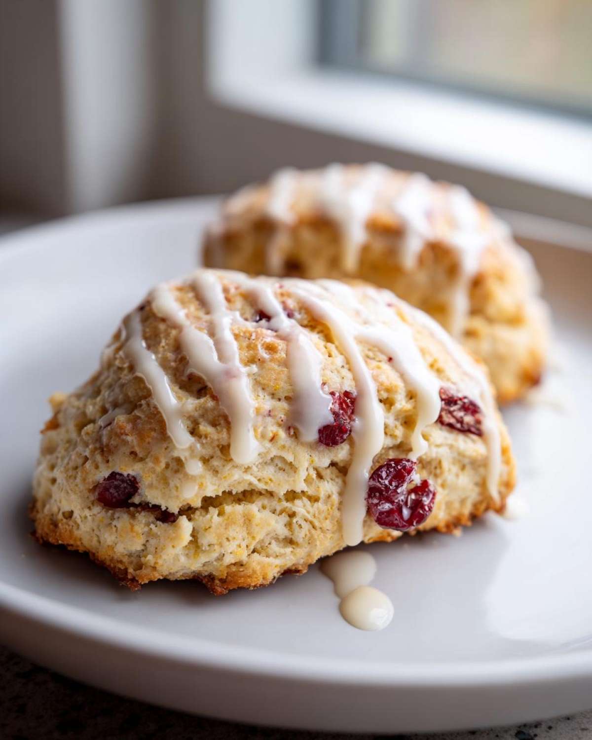 Close-up of two flaky cranberry scones drizzled with white vanilla glaze, resting on a light gray plate.