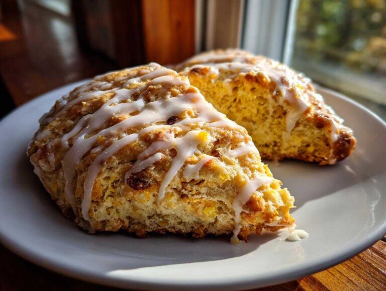 Amazing 8 Flaky Cranberry Scones Two flaky cranberry scones drizzled with white icing, resting on a white plate near a window.