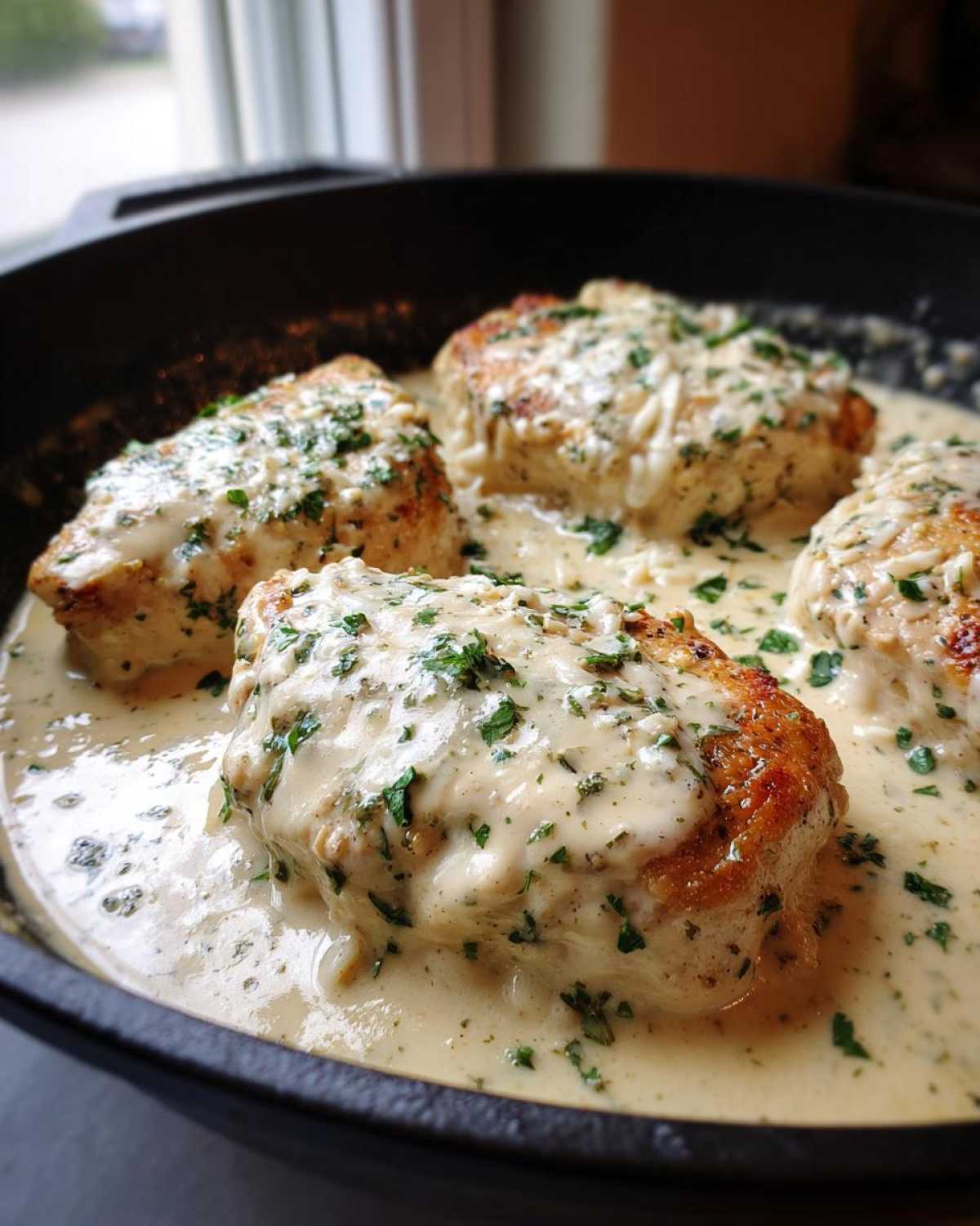 Four golden-brown chicken breasts smothered in a creamy garlic parmesan chicken sauce and topped with fresh parsley.
