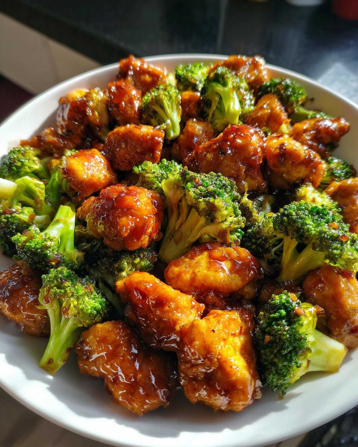 Close-up of saucy, glazed chicken and bright green broccoli florets served together in a white bowl.
