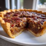Close-up of a gooey pecan pie with a slice cut out, showing the rich filling and pecan topping.