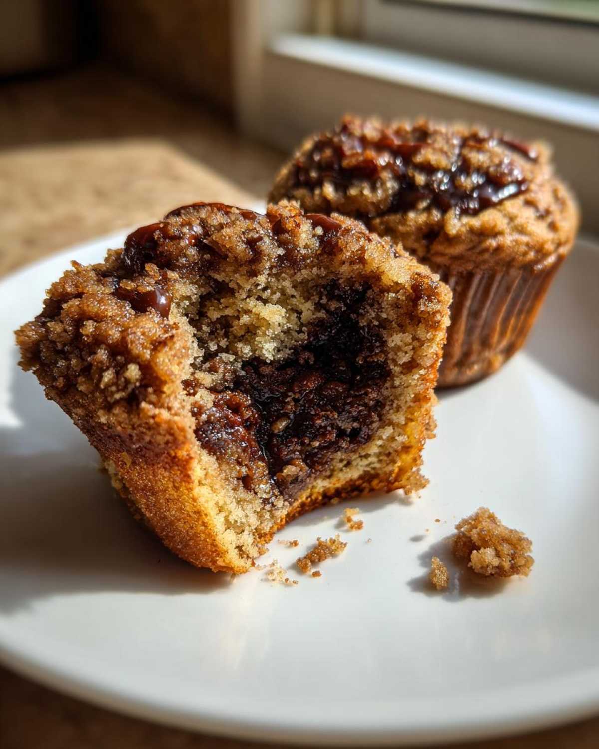 Close-up of a pecan pie muffin cut in half showing the gooey pecan filling inside.
