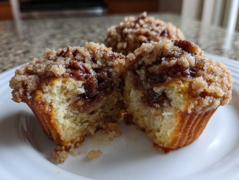Close-up of a pecan pie muffin cut in half, showing the gooey center and sugary pecan crumble topping.