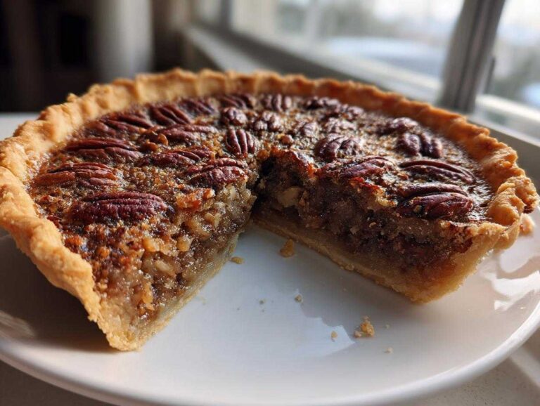 Close-up of a gooey pecan pie with a slice cut out, showing the rich filling and whole pecans on top.